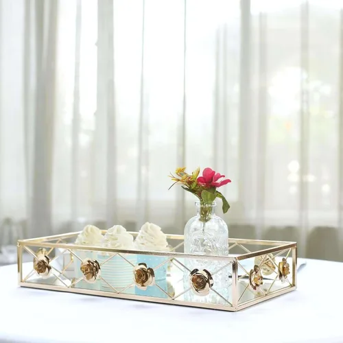 Miniatura 19 de Efavormart - Paquete de 4 bandejas rectangulares de plástico con estampado de encaje dorado de 14 pulgadas, bandejas decorativas para mesa de café