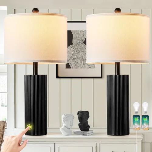 Juego de 2 lámparas negras de 24.5 pulgadas, modernas lámparas de mesa para sala de estar con puertos USB C+A, lámparas táctiles creativas a rayas