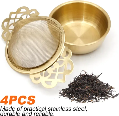 Miniatura 4 de Juego de 4 coladores de té de acero inoxidable 304, filtro de malla de té, cuencos de goteo de té, colador de tetera con mangos en forma de pétalo