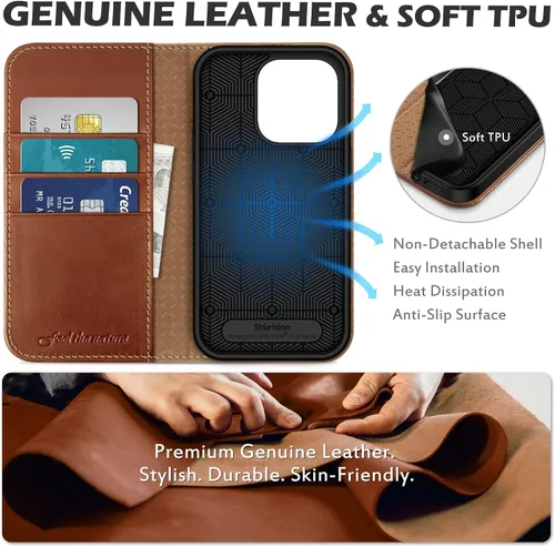 Miniatura 8 de SHIELDON Funda para iPhone 14 Pro 5G 2022, funda tipo cartera de piel auténtica con función atril y bloqueo RFID, funda magnética que absorbe