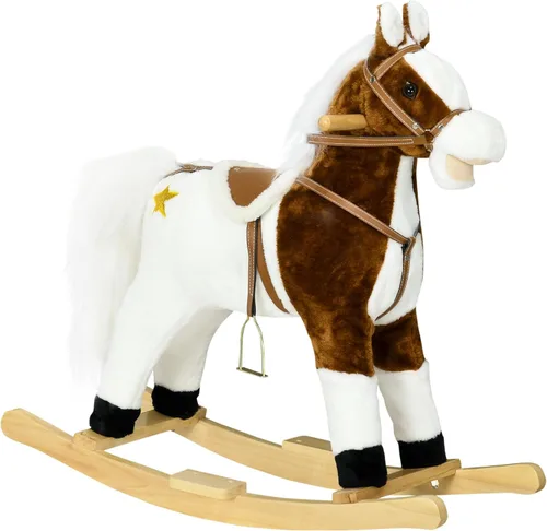 Qaba Caballo Mecedor con Sonido, Caballo para Montar con Silla, Mecedora para Niños, Regalo para Niños de 3-8 Años, Marrón