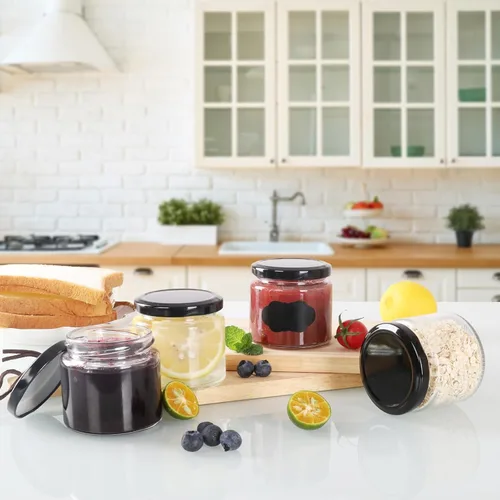 Miniatura 5 de Paquete de 24 tarros de vidrio de 5 onzas con tapas, tarros pequeños transparentes de 5.1 fl oz con 24 calcomanías, mini tarro de conservas