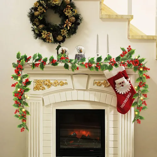 Miniatura 7 de ATDAWN - Guirnalda de Navidad Iluminada de Bayas Rojas de 7 Pies, Guirnalda Navideña Operada a Pilas con Luces, Guirnalda Artificial Flexible