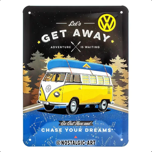 Nostalgic-Art Cartel de hojalata retro – Volkswagen Bulli T1 – Let's Get Away Night – Idea de regalo de autobús VW, placa de metal, 5.9 x 7.9 in