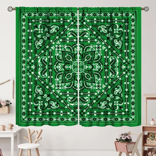 Cortinas tipo bandana verdes con patrón de cachemira del suroeste, cortinas opacas con bolsillo para barra, para dormitorio, sala de estar, cocina,