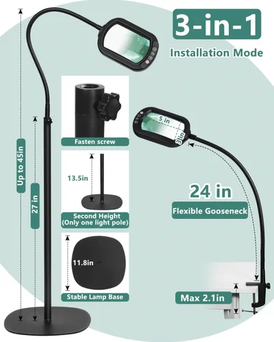 Miniatura 6 de Lupa rectangular 10X con luz y soporte, lámpara de pie flexible de 24 pulgadas de cuello de cisne 3 en 1, 5 modos de color regulable continuo, lupa
