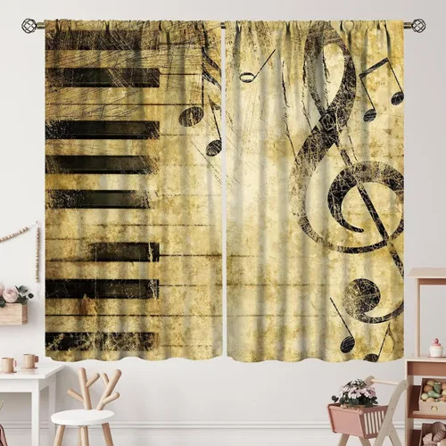 Miniatura 41 de Cortinas de notas musicales, rústicas, mágicas, notas musicales, arte retro, piano y violín, cortina con bolsillo para barra para dormitorio, sala