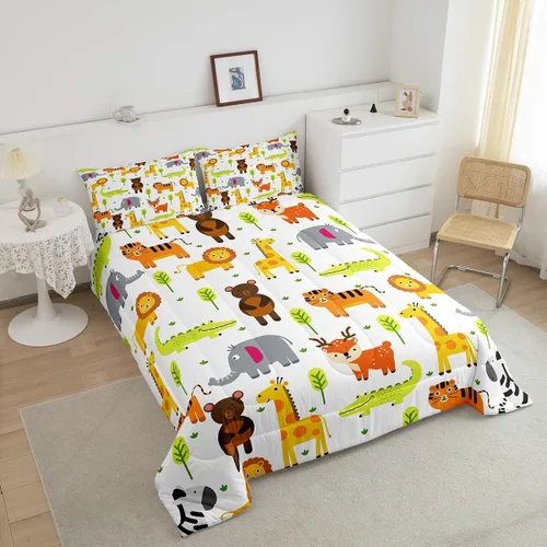 Miniatura 4 de Erosebridal Juego de ropa de cama individual de animales del zoológico para niños, lindo juego de edredón de animales salvajes de dibujos animados