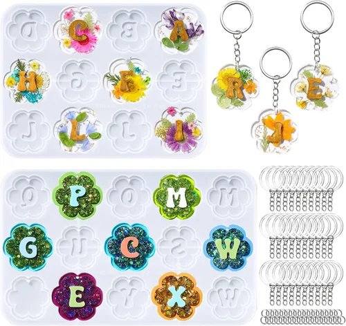 LET'S RESIN Moldes de resina para llavero de silicona con agujero, 27 cavidades de flores, alfabeto, resina UV, kit de moldes para principiantes,