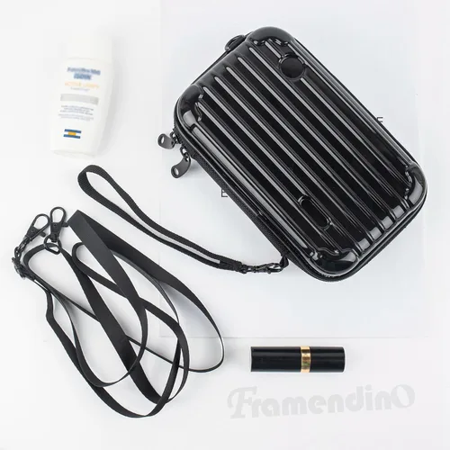 Miniatura 9 de Framendino, Estuche rígido negro para cosméticos, bolsa de transporte para artículos de tocador, mini maleta cruzada con cuerda de agarre