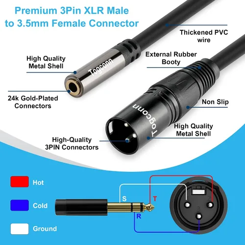 Miniatura 2 de XLR macho a 0.138 in hembra adaptador de cable, convertidor de conector TRS estéreo equilibrado de 2 pies, 3 pines (1/8 pulgadas)