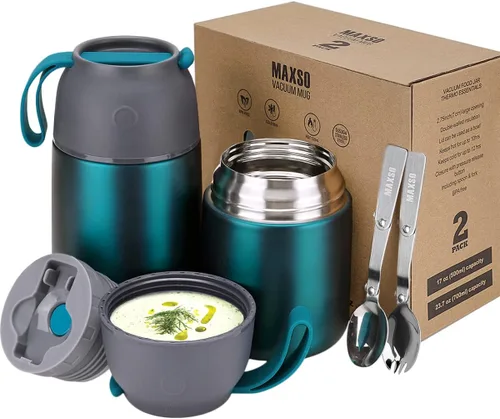 Miniatura 11 de MAXSO Paquete de 2 termos de sopa para alimentos fríos y calientes para niños y adultos, frascos de alimentos aislados al vacío, recipientes