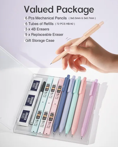 Miniatura 5 de Nicpro Bonito juego de lápices mecánicos, 6 lápices pastel de 0.5 y 0.028 in con 6 tubos de minas HB, borradores y recargas, suministros escolares