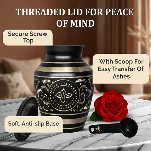 Miniatura 5 de Urnas pequeñas para cenizas humanas, recuerdo funerario grabado a mano de latón con elegante acabado negro, mini conmemorativo de cremación