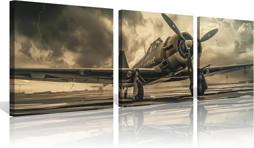 Miniatura 12 de 3 piezas de arte de pared en lienzo en blanco y negro vintage de la Segunda Guerra Mundial, aviones de combate militares, impresiones de fotografía