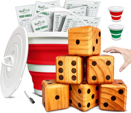 Miniatura 7 de SWOOC Yardzee, Farkle y más de 20 juegos – Juego de dados ligeros para patio (todo tipo de clima) con cubo plegable, 5 tarjetas de puntuación
