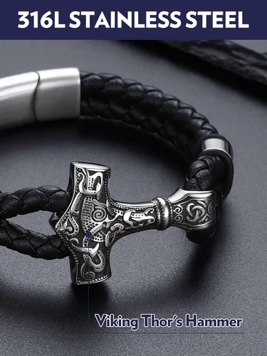 Miniatura 2 de Bandmax Pulsera trenzada de cuero negro para hombre con colgante gótico punk, pulsera de cuero con hebilla de acero inoxidable, paquete de regalo