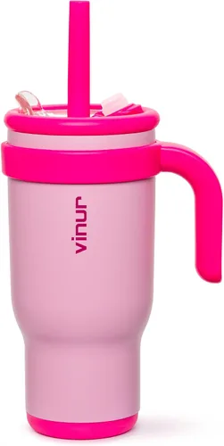 Miniatura 31 de VINUR Vaso para niños con asa - 14 oz de acero inoxidable con aislamiento al vacío de doble pared con tapa y pajita, vaso de agua de viaje