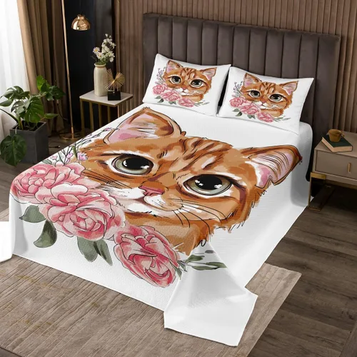 Feelyou Juego de colcha acolchada para niñas y gatos para niños, hija, lindo juego de colcha con estampado de gatitos, flores florales de rosas,