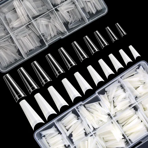 FEBSNOW 1000 piezas de puntas de uñas acrílicas francesas tipo ataúd/bailarina, uñas artificiales de cobertura media, 10 tamaños, con estuches de