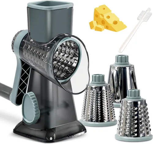GYH&GXR Rallador rotativo de queso con mango triturador de queso vegetal para cocina, 3 cuchillas intercambiables para queso, patata, calabacín,