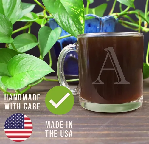 Miniatura 4 de Spotted Dog Company Taza de café de vidrio transparente con monograma grabado de 12 onzas (letra A), regalos de café personalizados de la A a la Z
