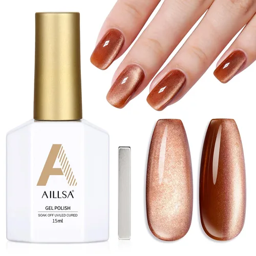 Miniatura 7 de AILLSA - Esmalte de uñas de gel ojo de gato color marrón con purpurina dorada con imán, esmalte de uñas de gel ámbar destello nude con cristales