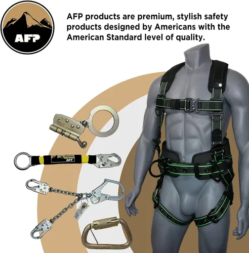 Miniatura 7 de AFP Arnés de seguridad de cuerpo completo de protección contra caídas Premium, cinturón de soporte de 8" de grosor, anillos en D de aluminio, Negro