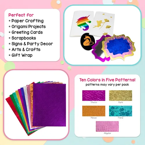 Miniatura 3 de Hygloss Papel de aluminio metálico en relieve, 12 hojas de papeles brillantes de colores surtidos, 8.5 x 11 pulgadas, papel de aluminio ideal