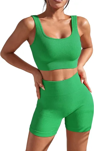 Chiphell Conjuntos de entrenamiento acanalados para mujer 2 piezas con cuello cuadrado y pantalones cortos de motociclista de cintura alta sin