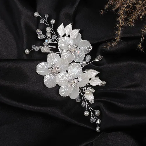 Miniatura 4 de Jumwrit Pinza para el pelo nupcial con diamantes de imitación, pinza de pelo de flor blanca para novias, damas de honor, tocado de perlas hechas a