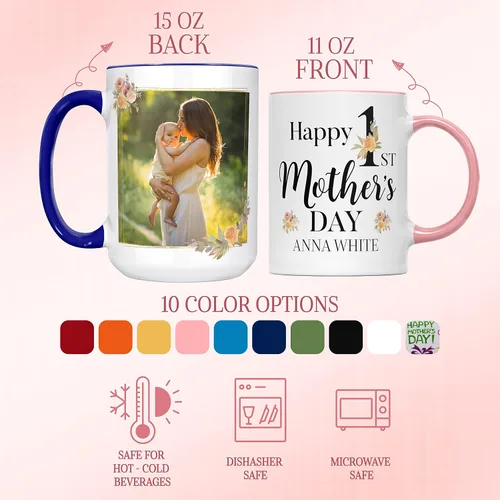 Miniatura 2 de Regalos para el primer día de la madre, taza de café personalizada con foto y nombre, 11 o 15 onzas, 10 opciones de color, taza personalizada