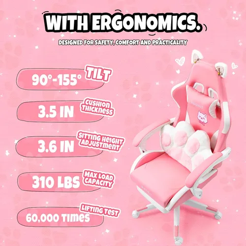 Miniatura 5 de Vigosit Silla de gamer rosa con reposapiés, silla ergonómica y linda para jugadores con orejas de gato, silla cómoda de escritorio y computadora