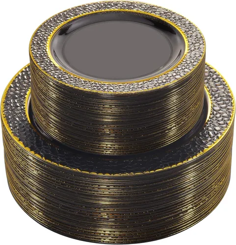 Nervure - Platos de plástico, negro transparente con diseño de borde dorado desechables, platos de plástico para fiestas de boda, incluye 51 platos