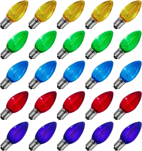 Bombillas LED C7 para Navidad, paquete de 25 bombillas de repuesto multicolor, bombilla LED Edison C7 irrompible para luces navideñas, lámpara
