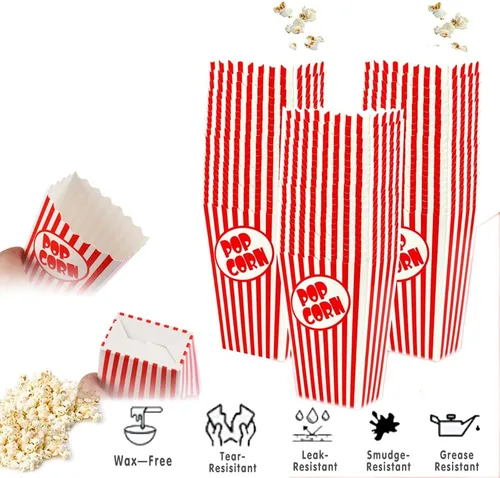Miniatura 3 de 100 cajas de palomitas de maíz para fiestas de 5.5 pulgadas de alto, bolsas de palomitas de maíz a rayas rojas y blancas, mini cubos para palomitas