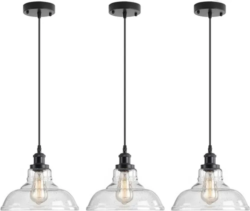 Miniatura 7 de GLADFRESIT Luces colgantes industriales, luz colgante vintage sobre mesa, pantalla de cristal de cúpula de burbuja negra, cabezal y base de lámpara