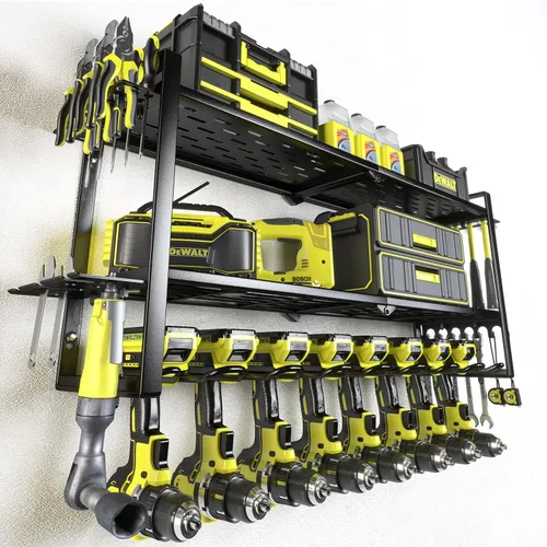 Miniatura 10 de KAFAHOM Organizador de herramientas eléctricas, soporte de pared grande para 8 taladros con 2 tableros de clavijas laterales, estante de Verde