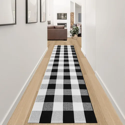 Miniatura 45 de Alfombra de Exterior de Cuadros Buffalo 2x3 pies, Alfombra Tejida de Algodón Negro y Blanco Roto, Tapetes para Puerta de Porche Frontal, Alfombra