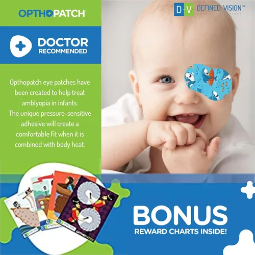 Miniatura 5 de Opthopatch Parches oculares para bebés – Adhesivo extra sensible – Diseño para niños [Serie II] – 100 unidades + 3 gráficos de recompensa
