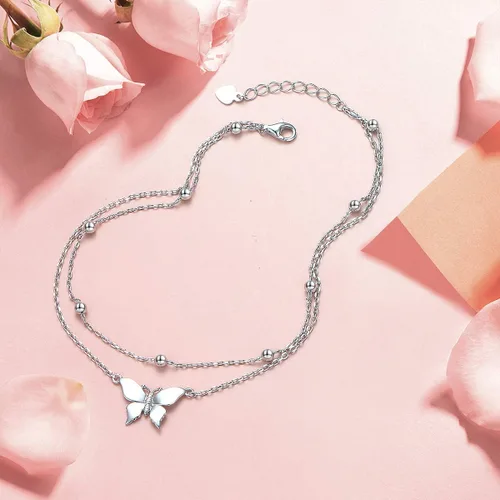 Miniatura 2 de FLYOW Tobillera para mujer de plata de ley S925 ajustable con cuentas de corazón con dije de corazón