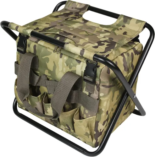 Silla plegable 2 en 1 para acampar con bolsa de almacenamiento de herramientas, asiento de camuflaje para senderismo, asiento de pesca plegable