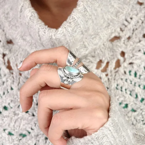 Miniatura 5 de Boho-Magic Anillo de plata de ley con larimar para mujer, joyería bohemia con piedras preciosas ovaladas
