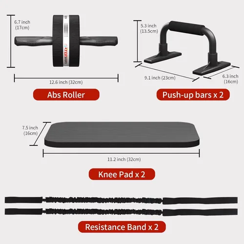 Miniatura 4 de EnterSports Kit de ruedas para abdominales, rueda de ejercicio para entrenamiento de fuerza abdominal con barras para flexiones, bandas de Negro