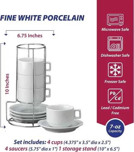 Miniatura 5 de HIC - Juego de té apilable de 9 piezas de café capuchino (porcelana), color blanco