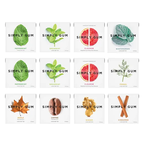 Miniatura 16 de Goma de Mascar Natural Surtida de Simply Gum, sin OGM, Vegana, 6 paquetes (90 piezas), incluye Menta, Canela, Jengibre, Hinojo, Café, Arce