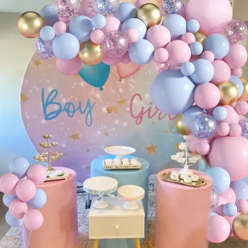 Miniatura 5 de Kit de arco de guirnalda de globos de color rosa claro y azul, 130 unidades de 5+12+18 pulgadas, globos de látex dorado con confeti rosa y azul
