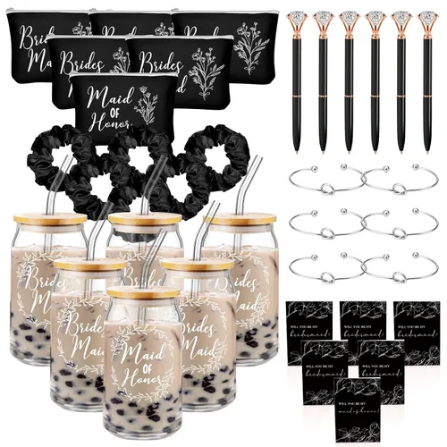 Irenare Juego de 6 regalos de propuesta de dama de honor, 36 piezas, Will You Be My Bridesmaid de 16 onzas, tazas de vidrio para novias, bolsas de