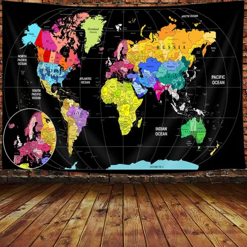 Miniatura 9 de JAWO Tapiz de mapa del mundo, mapa del mundo con países y ciudades principales, tapices de pared para niños y estudiantes, tapiz de mapa mundial