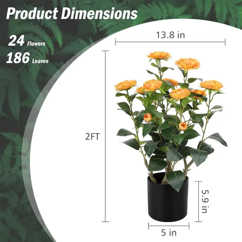 Miniatura 3 de Romantic Season 2FT Orange Artificial Camellia Tree 2Pack, Faux Camellia Plant Fake Potted Camellia Flower Tree for Modern Home Office Living Room